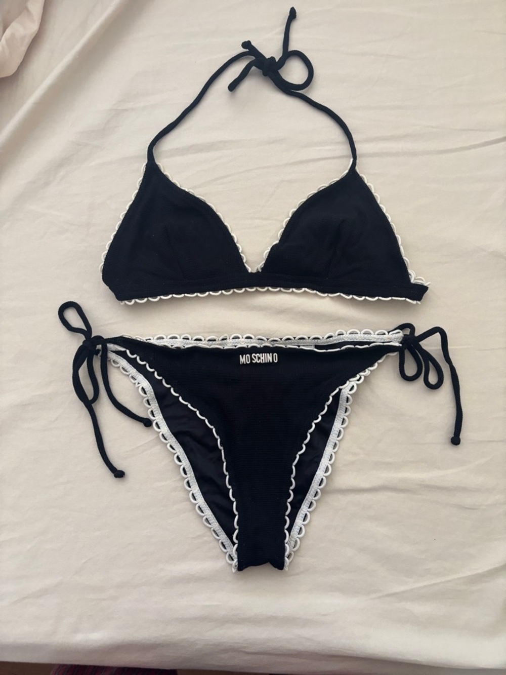 Vintage 2000s Moschino Black Bikini with White Scalloped Trim